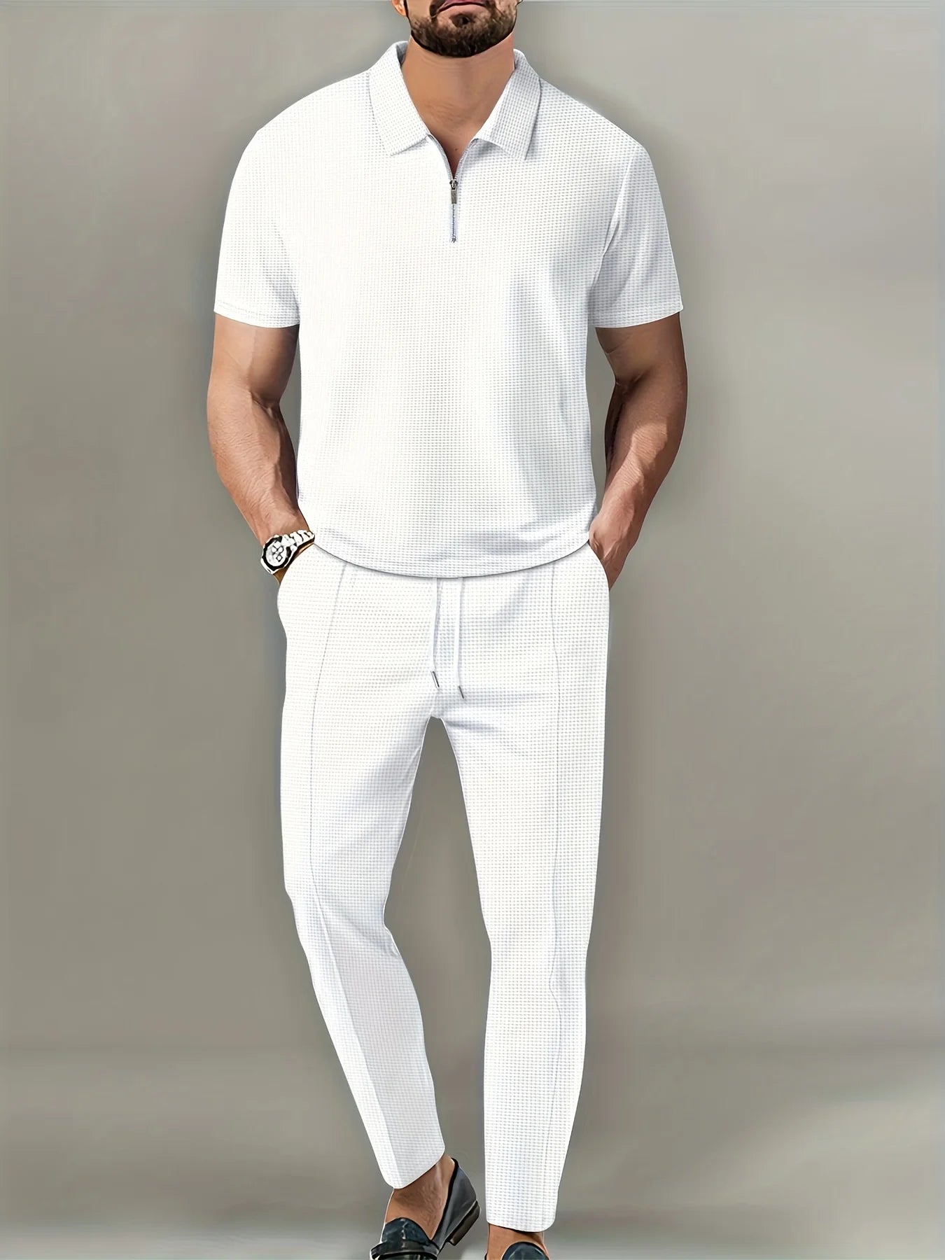 Men's Waffle Lapel Short Sleeve Zipper Pants Set Casual Wear