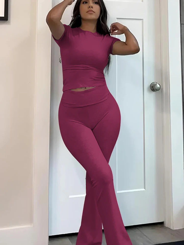 Women's Two Piece Yoga Set Short Sleeve Flared Pants