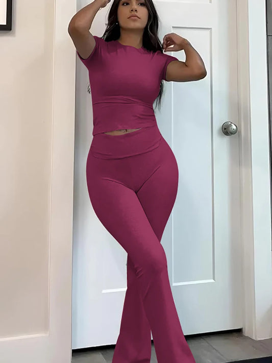 Women's Two Piece Yoga Set Short Sleeve Flared Pants