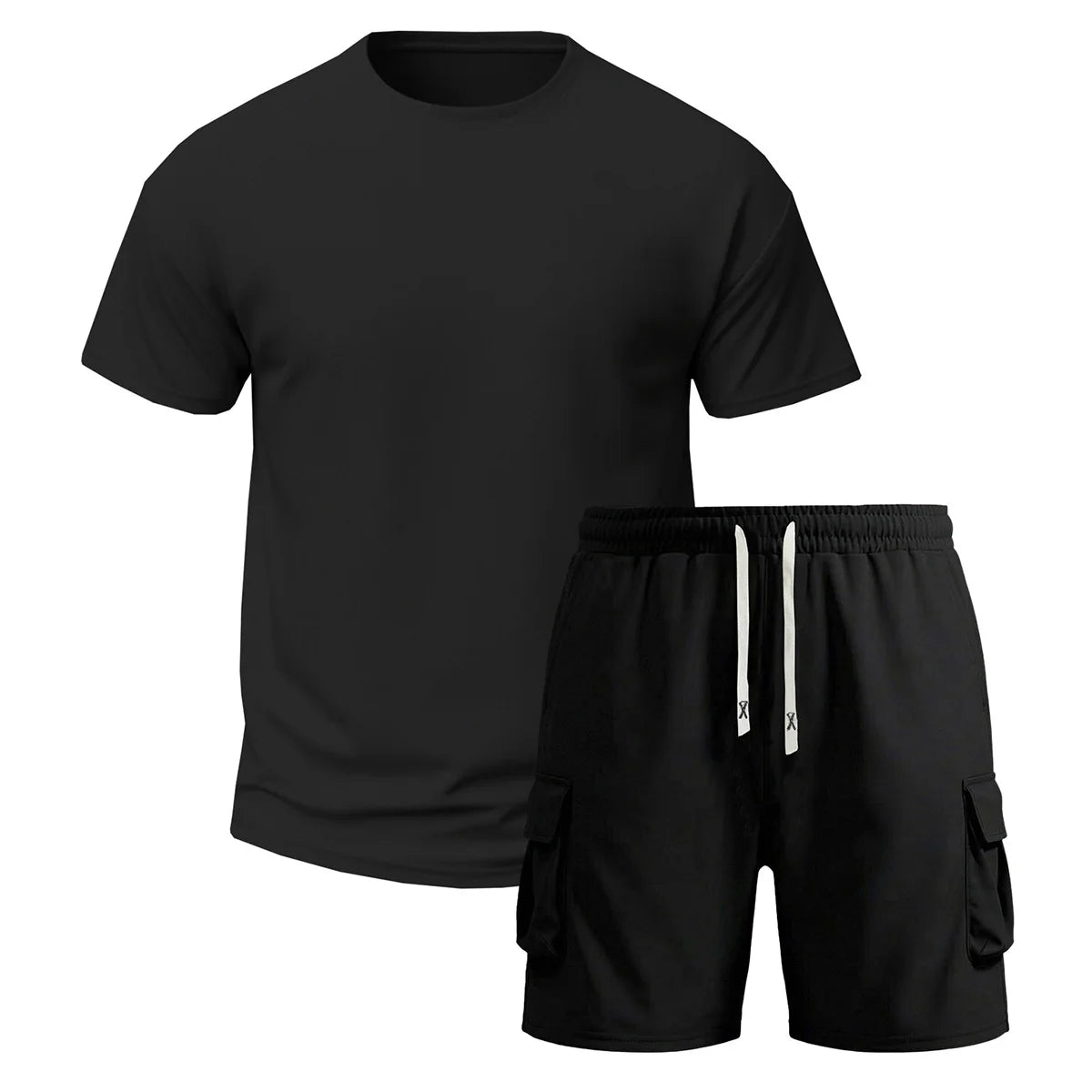 Mens Multi Pocket Cargo Pants And Short Sleeve Tee Set