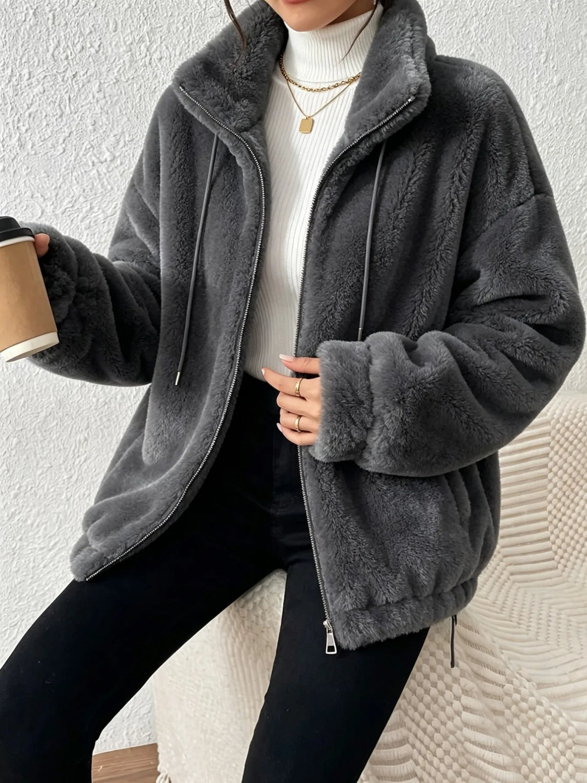Women's Fuzzy Fleece Zip Up Jacket Loose Winter Plush Coat