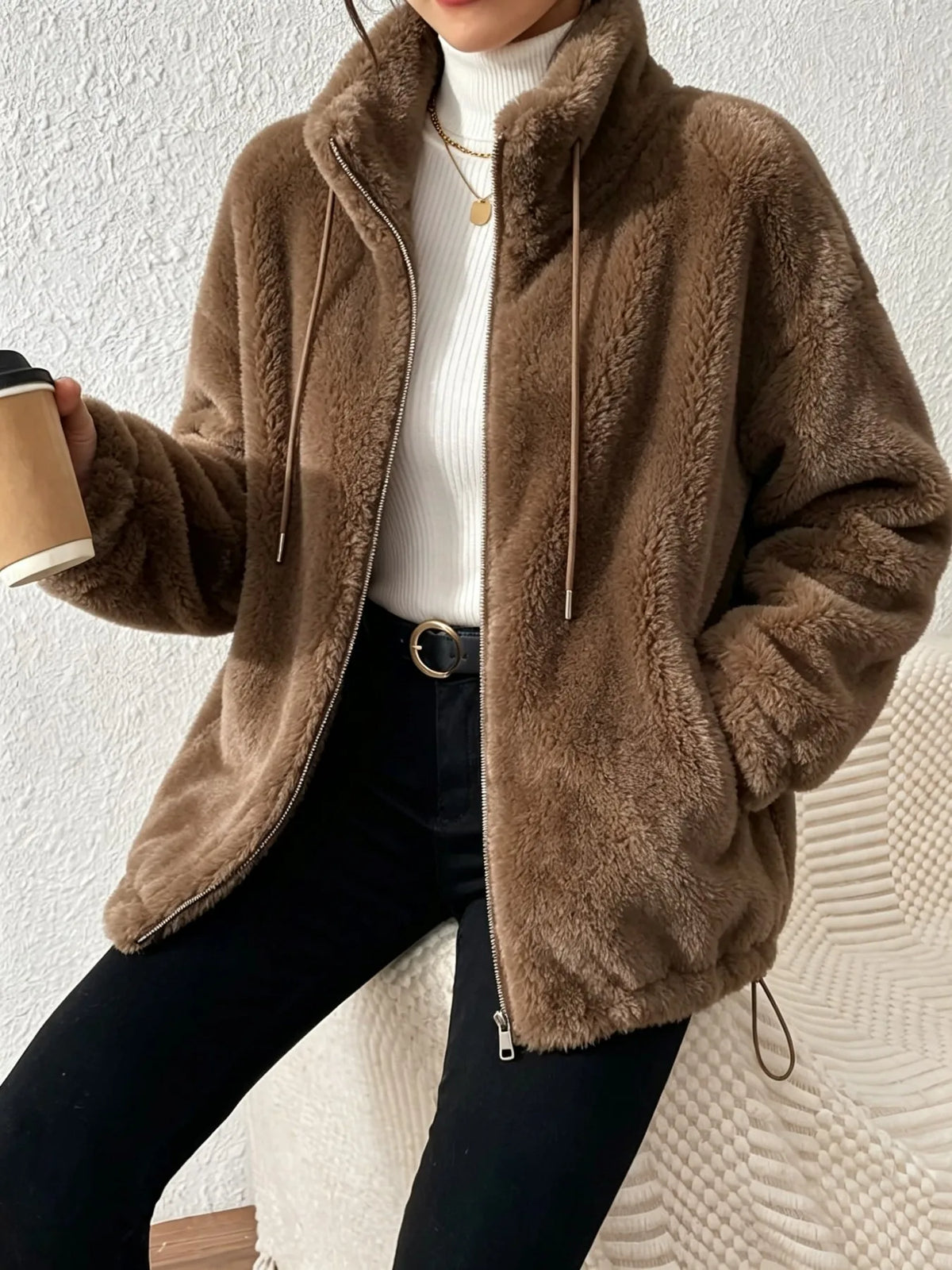 Women's Fuzzy Fleece Zip Up Jacket Loose Winter Plush Coat