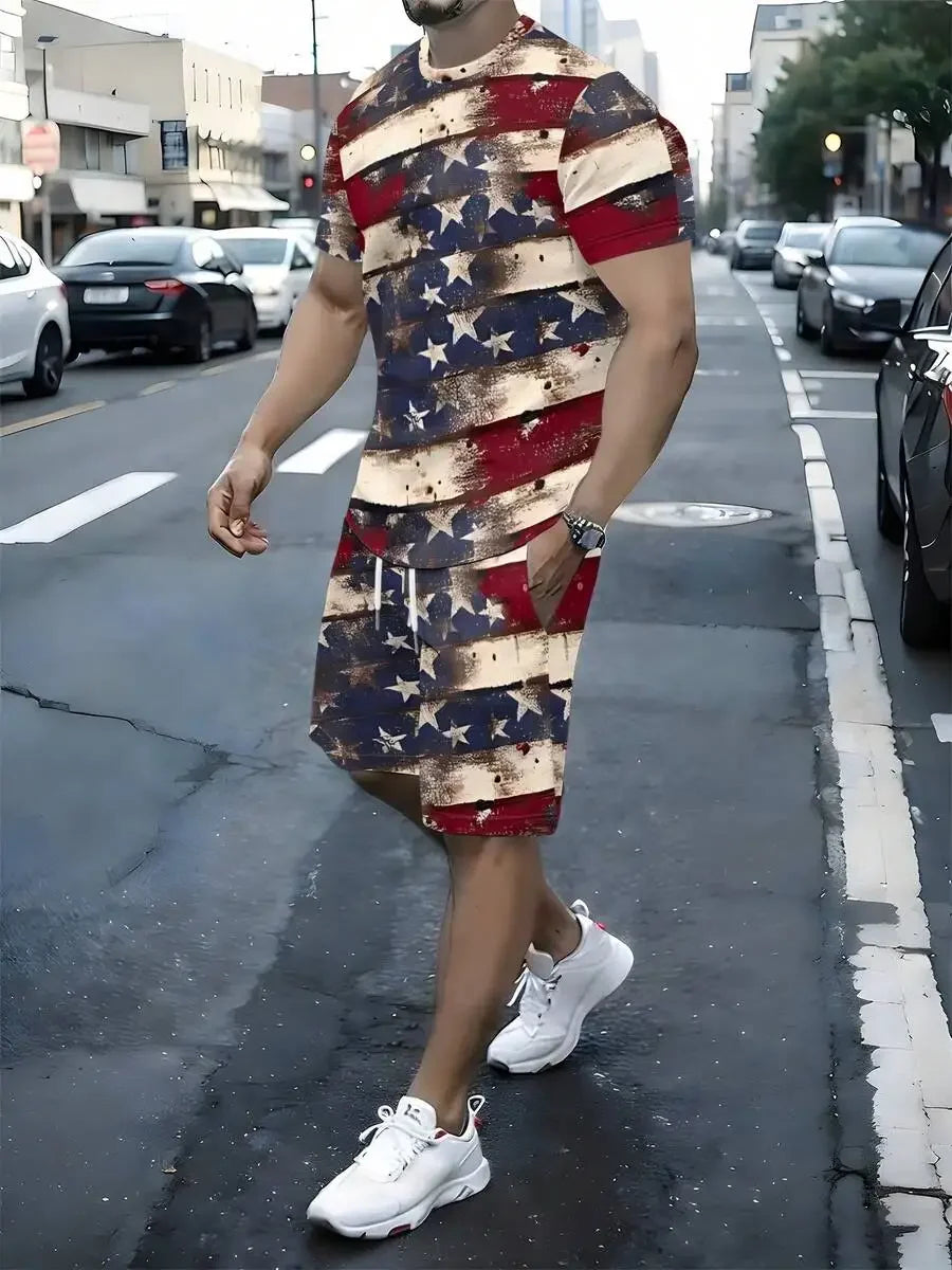 Vintage USA Flag Print Short Sleeve Tee And Shorts Set