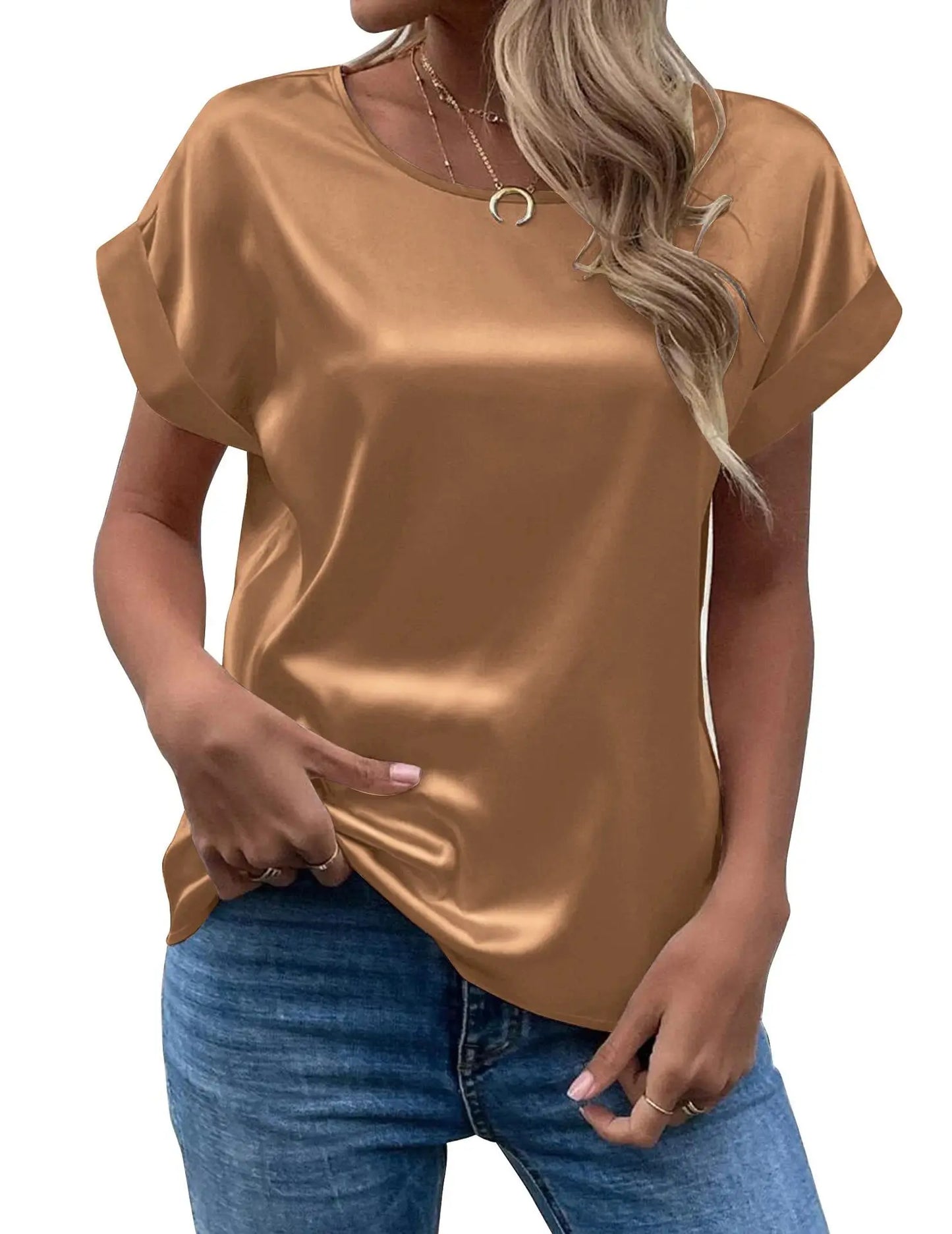 ZOCI Women's Short Sleeve Mercerized Cotton Round Neck Top