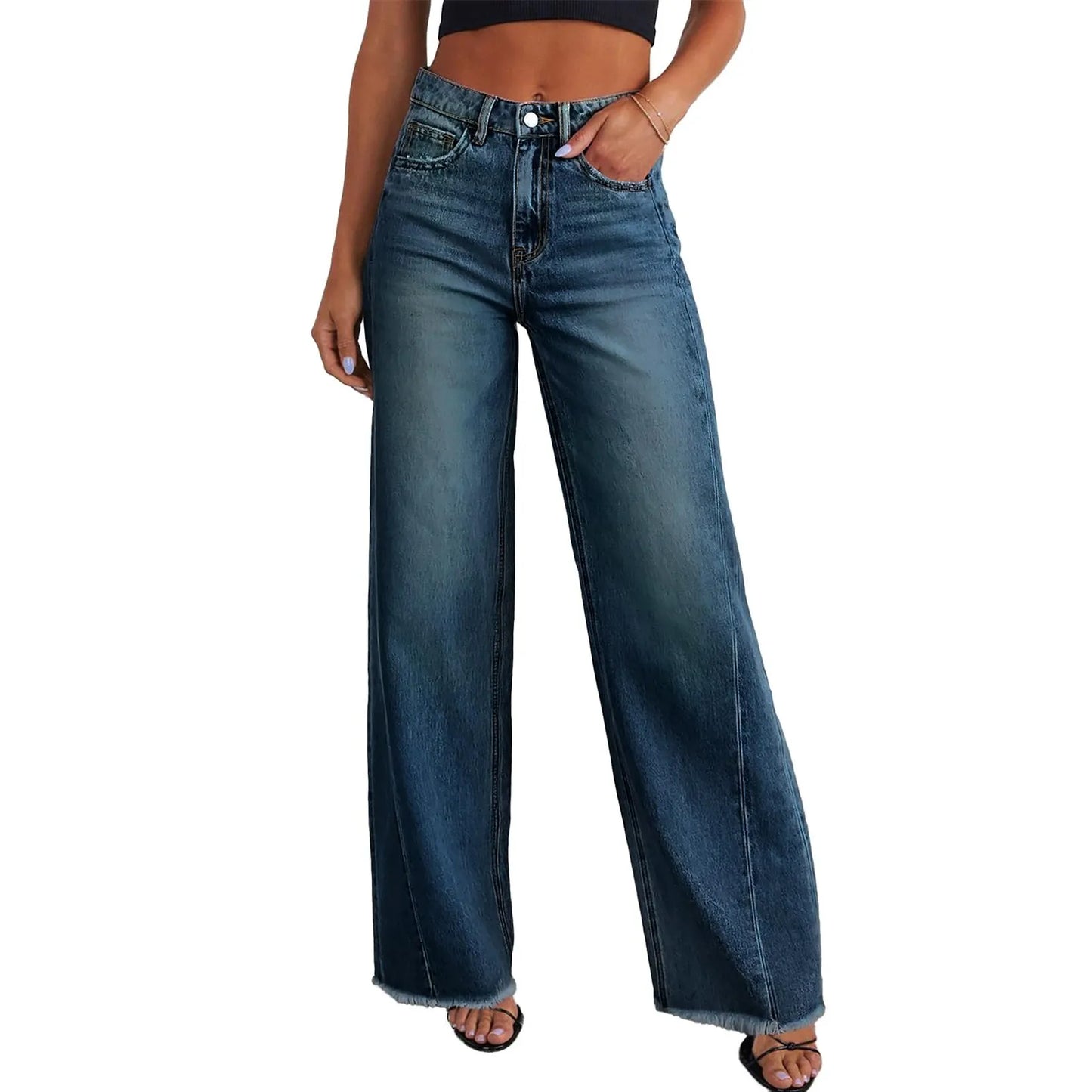 Women Wide Leg Jeans High Waist Denim Trousers With Pockets