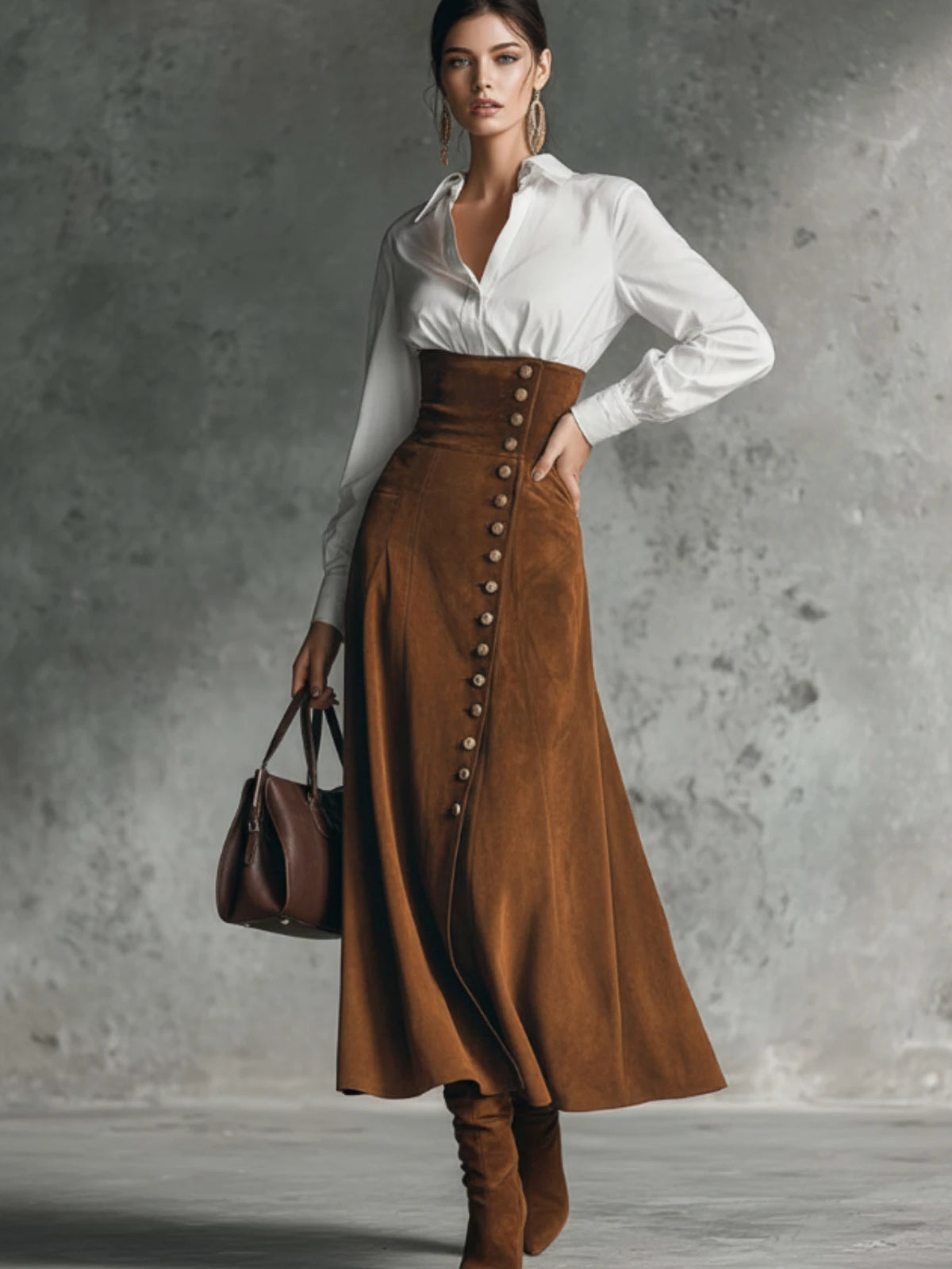 Stylish Two Piece Ensemble Featuring Lapel Shirt And Flared Skirt