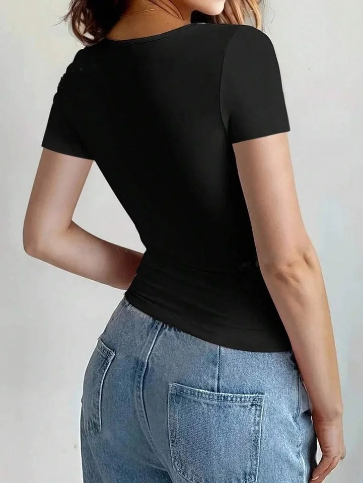 Y2K Womens Scoop Neck Crop Tops Short Sleeve Slim Fit Tee