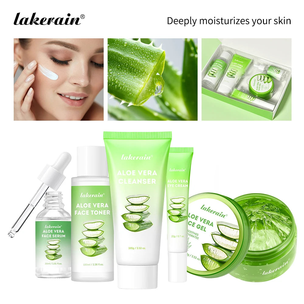 Lakerain Aloe Vera Skin Care Set Deep Hydration Cleanser Toner Serum Lip Balm