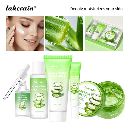 Lakerain Aloe Vera Skin Care Set Deep Hydration Cleanser Toner Serum Lip Balm