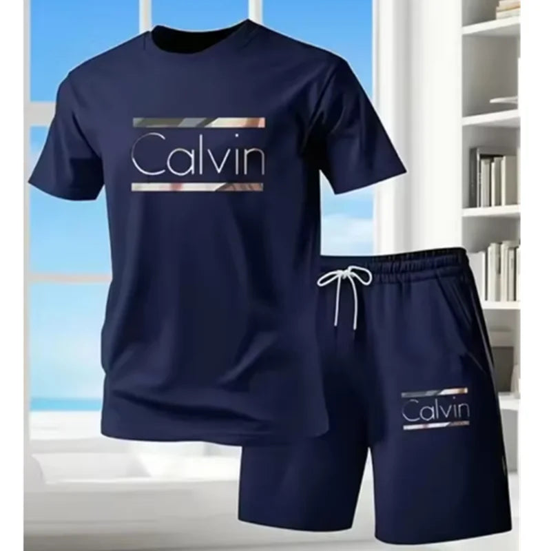Casual Men's T Shirt Shorts Set With 3D Letter Print