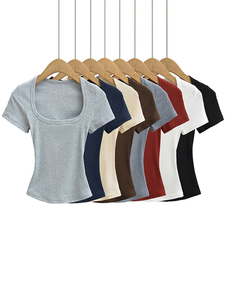 Dozw Square Collar High Stretch Summer Crop Top For Women Slim Fit Short Sleeve