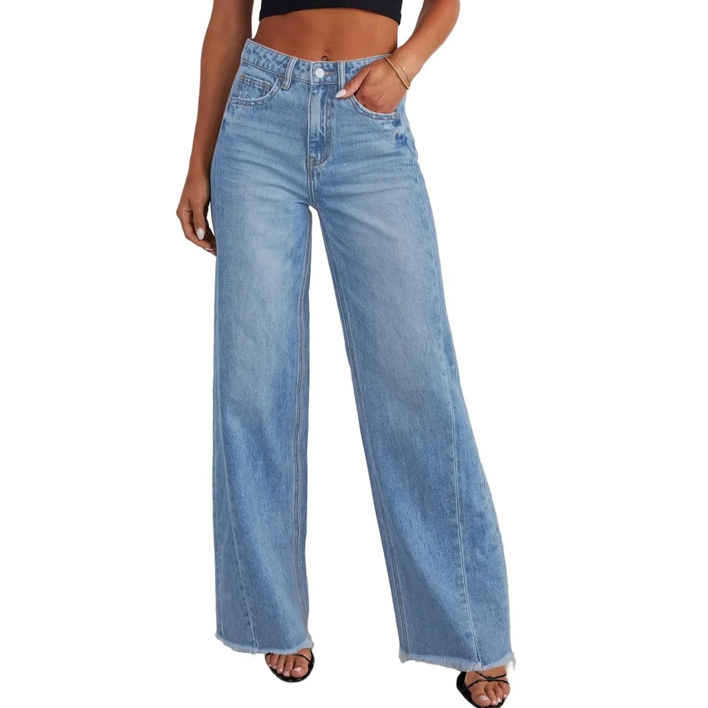 Women Wide Leg Jeans High Waist Denim Trousers With Pockets