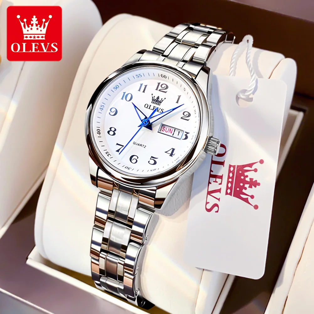 OLEVS Quartz Watch Women Fashion Stainless Steel Waterproof Luminous Luxury