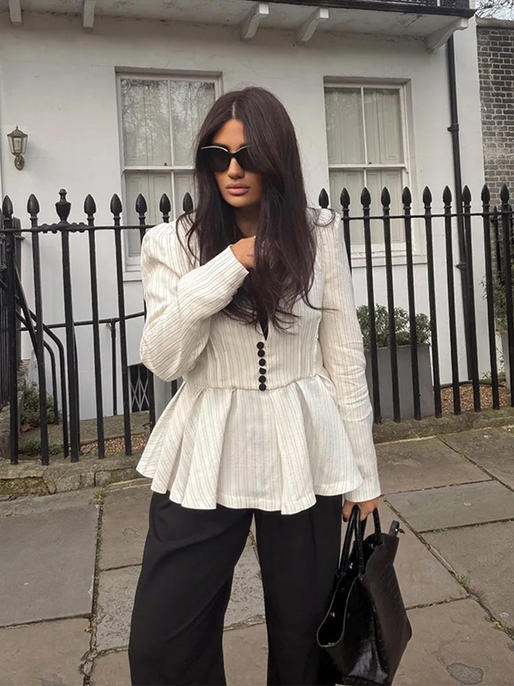 Chin Sweety Striped Peplum Blazer Blouse For Women Office Wear