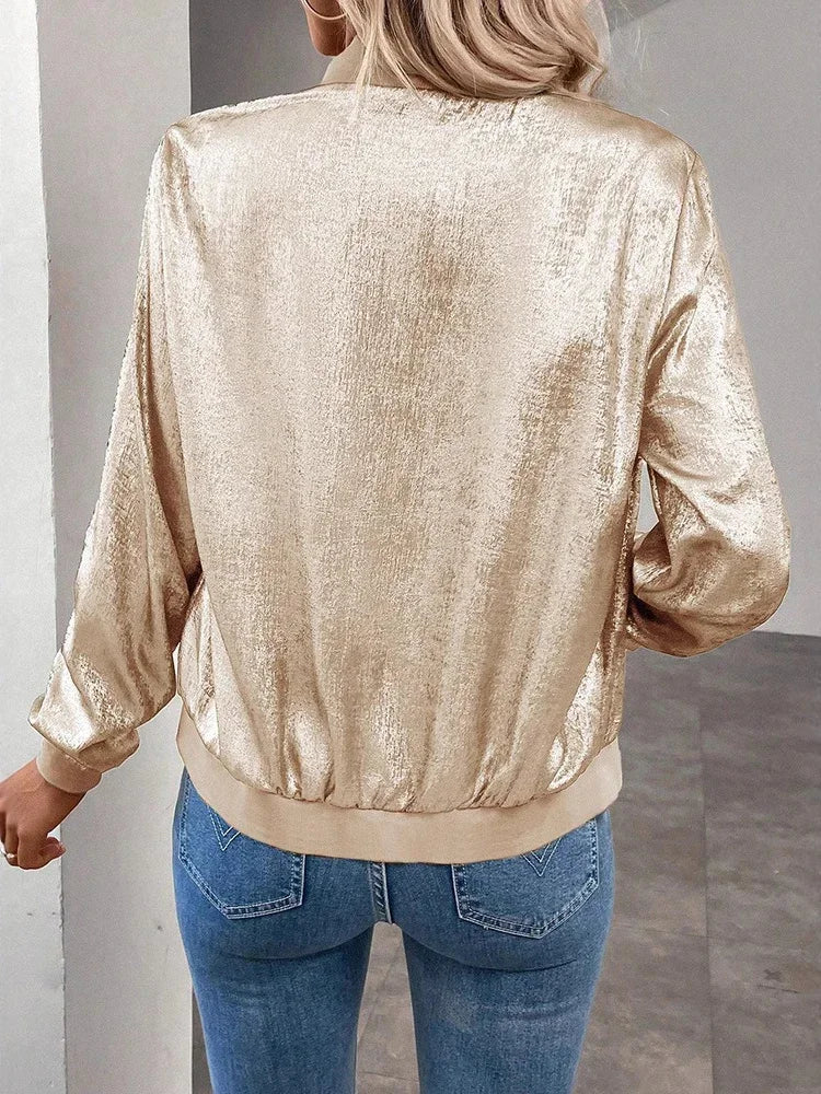 Autumn Glitter Zipper Bomber Jacket For Women Lightweight Zip Up