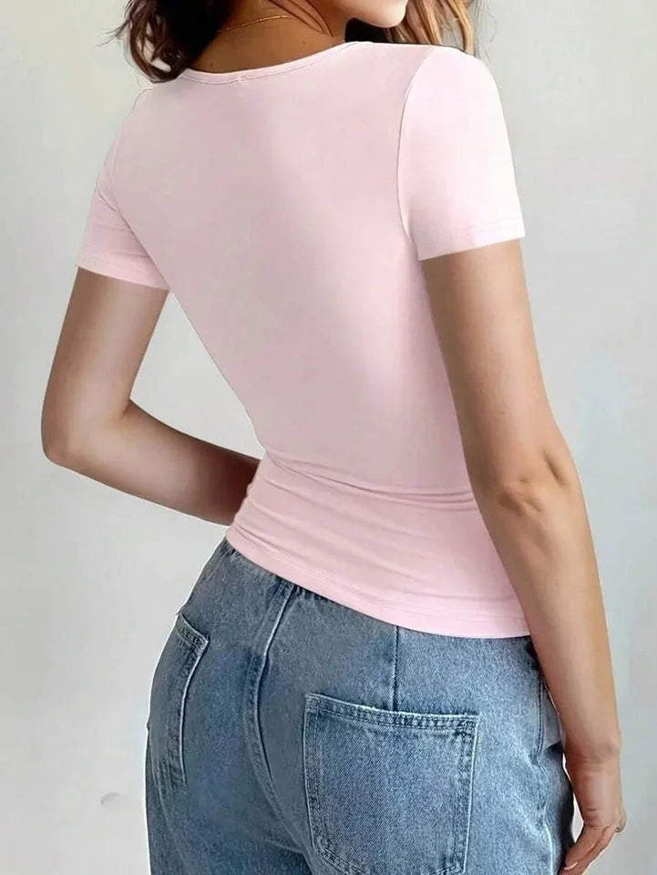 Y2K Womens Scoop Neck Crop Tops Short Sleeve Slim Fit Tee