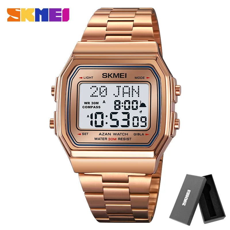 SKMEI 2113 Mens Prayer Azan Compass Alarm Hijri Islamic Digital Wristwatches New Back Light Display Stopwatch Sports Watches
