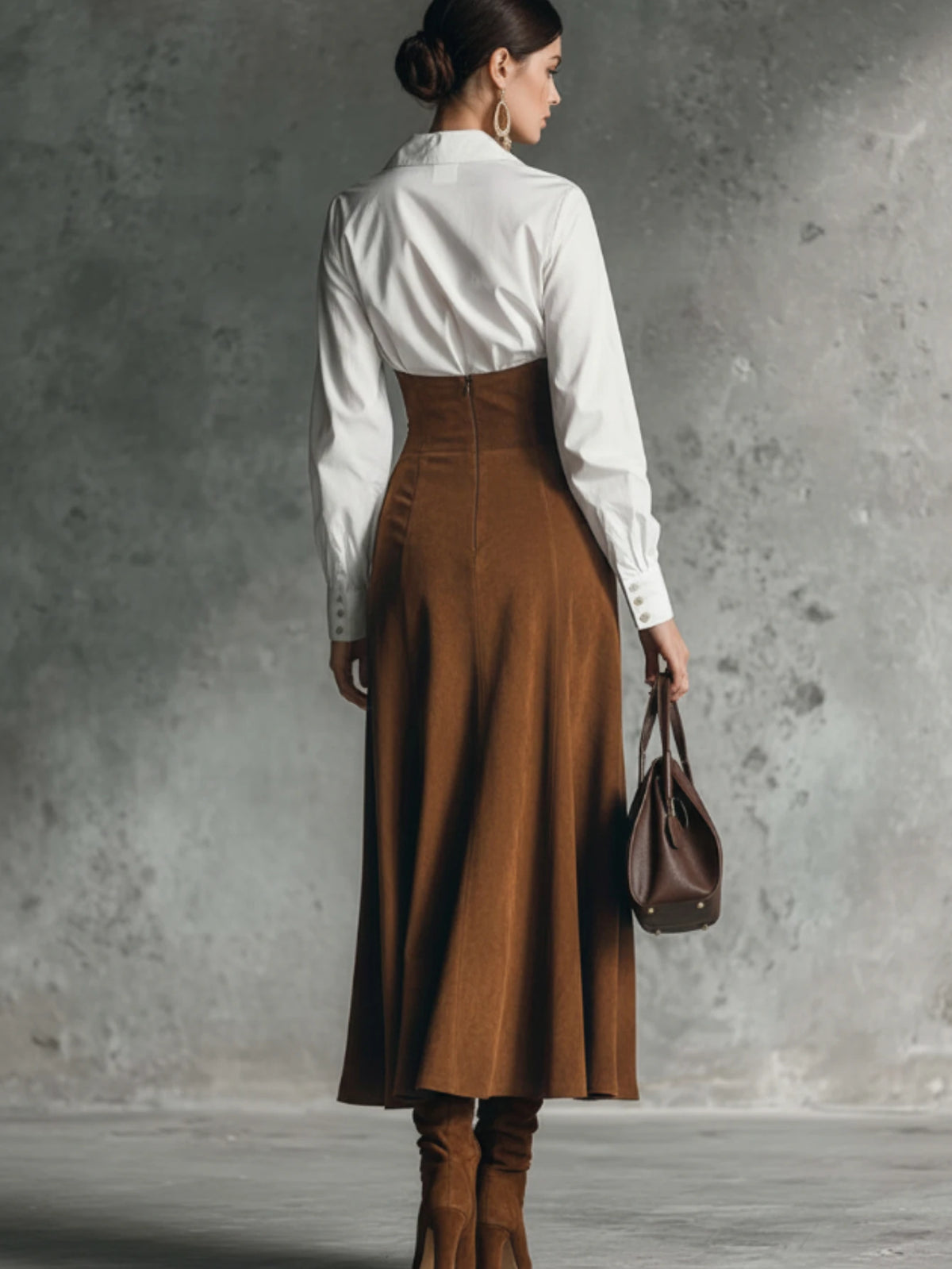 Stylish Two Piece Ensemble Featuring Lapel Shirt And Flared Skirt