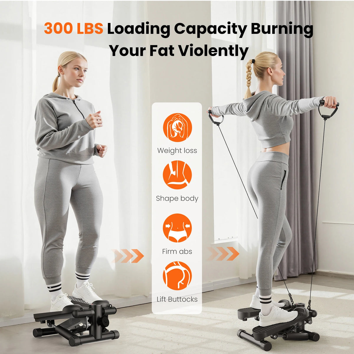 Hydraulic Mini Stepper With Resistance Bands LCD Monitor Home Cardio