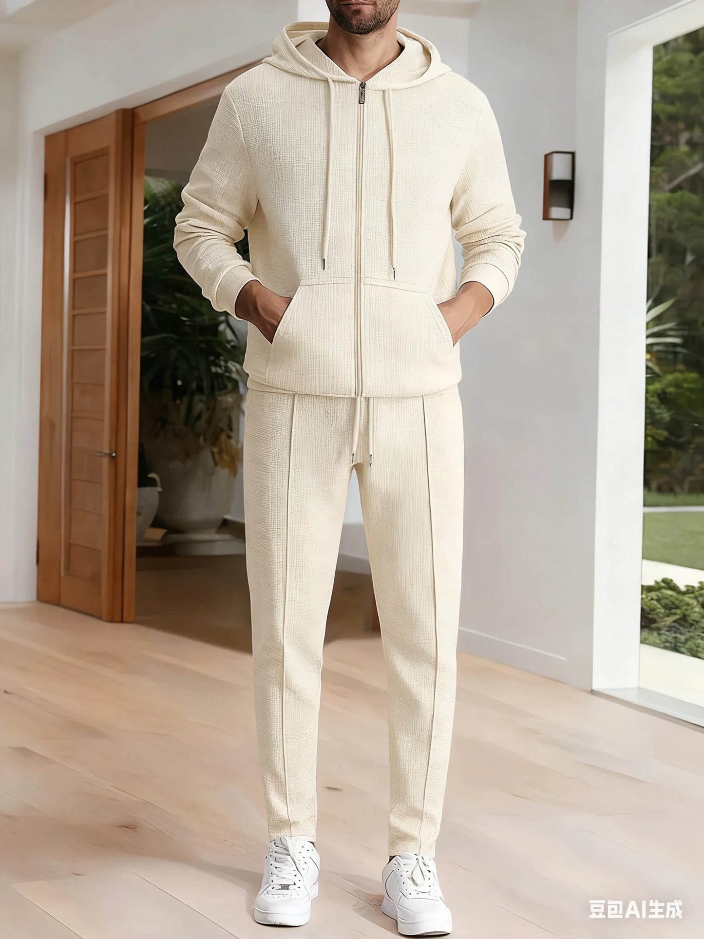 NONECN Spring Autumn Mens Waffle Tracksuit Set Hooded Jacket Pants