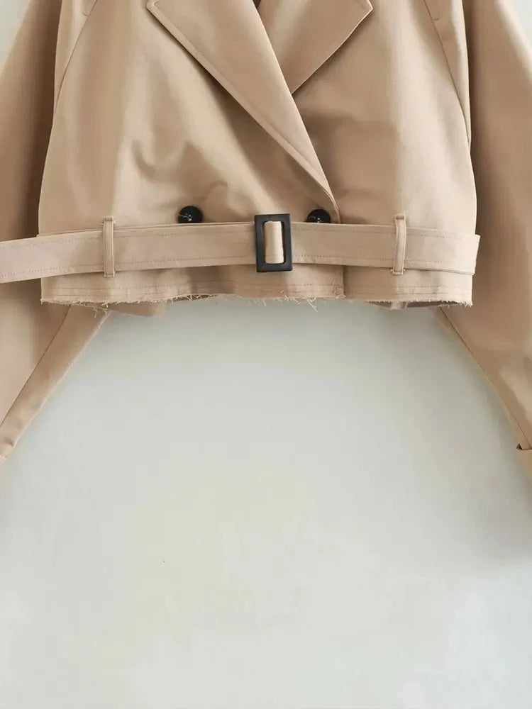 Nlzgmsj Belt Cropped Trench Coat Women Double Breasted Outerwear