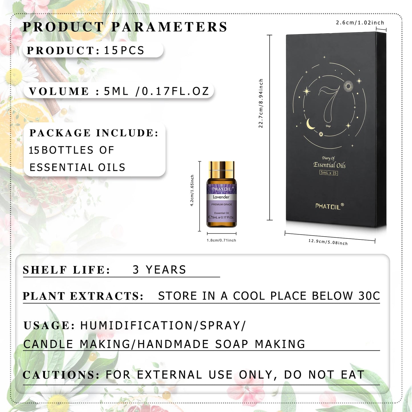 PHATOIL 15PCS Aromatherapy Essential Oil Set For Diffuser-5ml Cinnamon Lavender Eucalyptus Peppermint Lemon Vanilla Aroma Oils