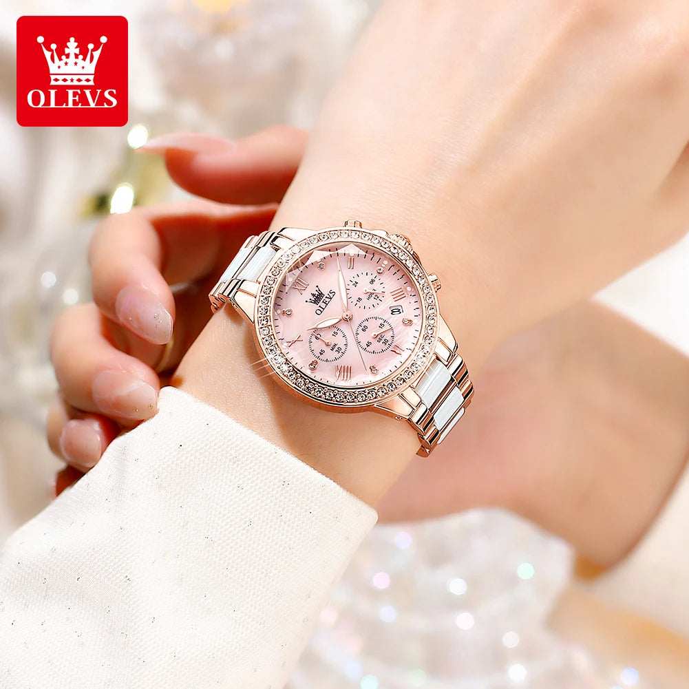 OLEVS Women Chronograph Ceramic Watch Waterproof Elegant Dress