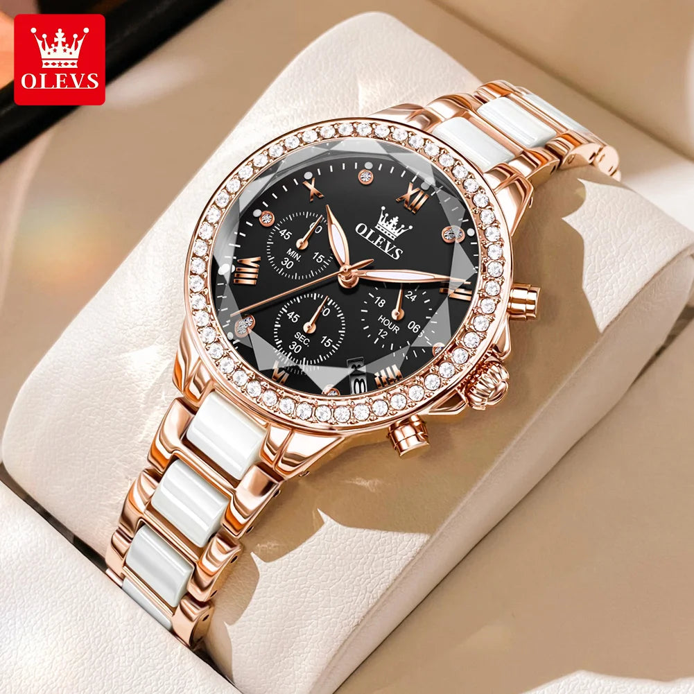 OLEVS Women Chronograph Ceramic Watch Waterproof Elegant Dress