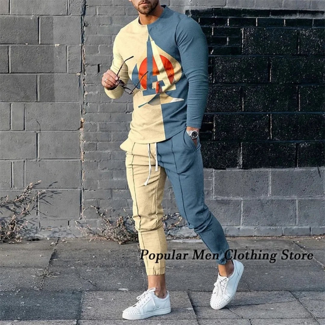Mens Casual Tracksuit Set Long Sleeve T Shirt Trousers