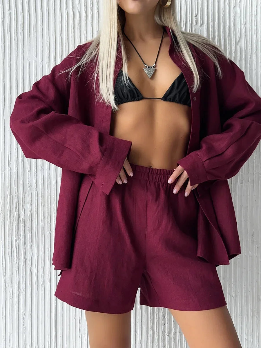 Bornladies Cotton Short Set With Long Sleeve Shirt And Elastic Waist Shorts
