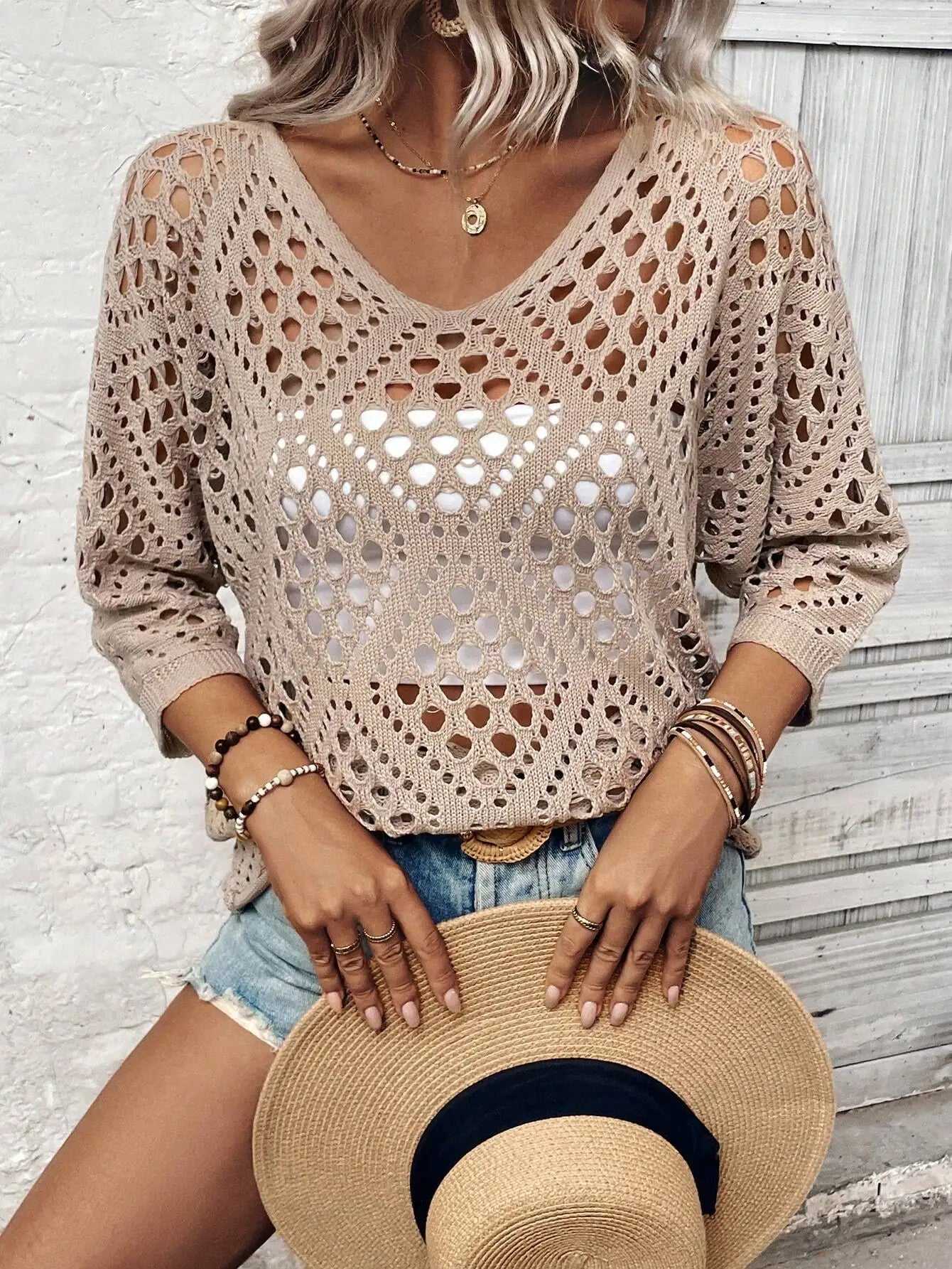 Elegant Casual Loose Knitted Hollow Sleeve Sweater Perforated Fashionable Top