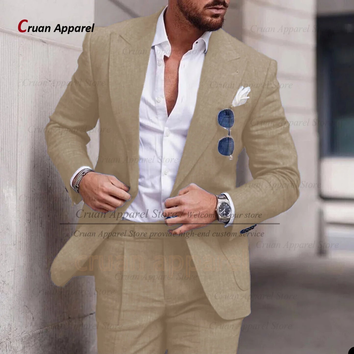 Men's Linen Suit Set With Peaked Lapel Blazer Pants