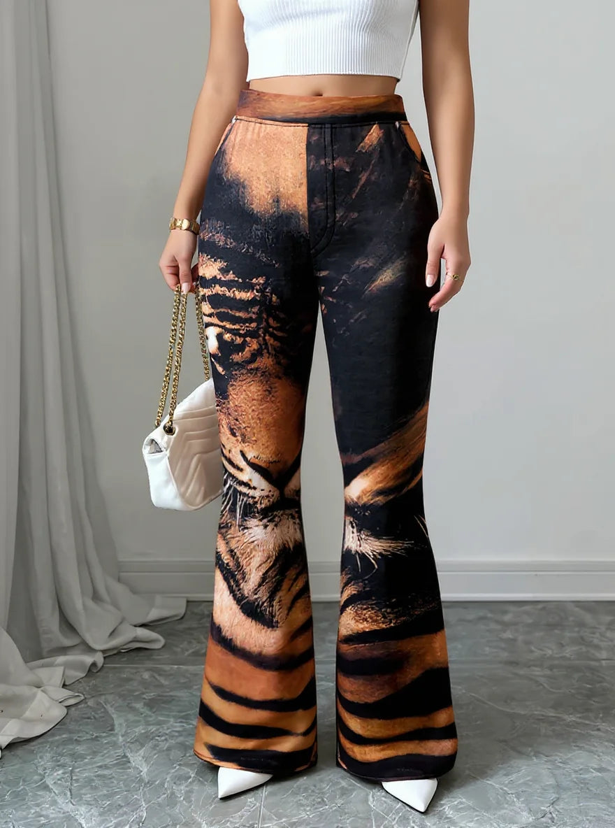 Women's Tiger Print High Waist Flare Pants For Streetwear