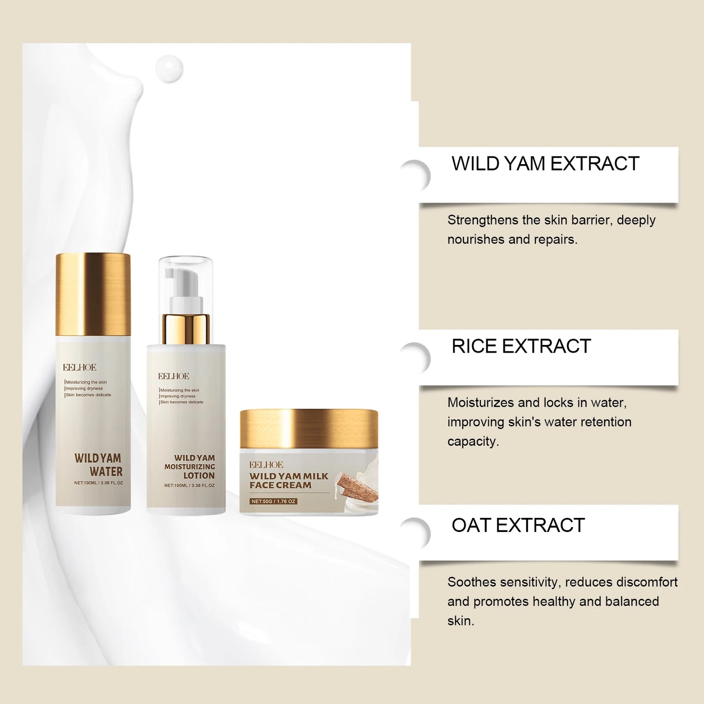 Eelhoe Wild Yam Moisturizing Skincare Set Face Cream Toner Kit