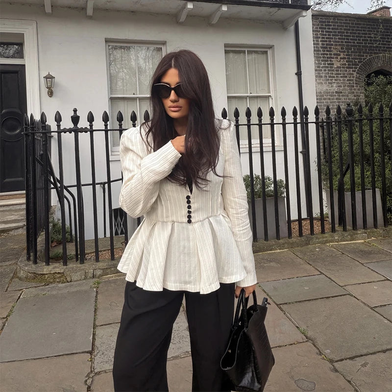 Chin Sweety Striped Peplum Blazer Blouse For Women Office Wear