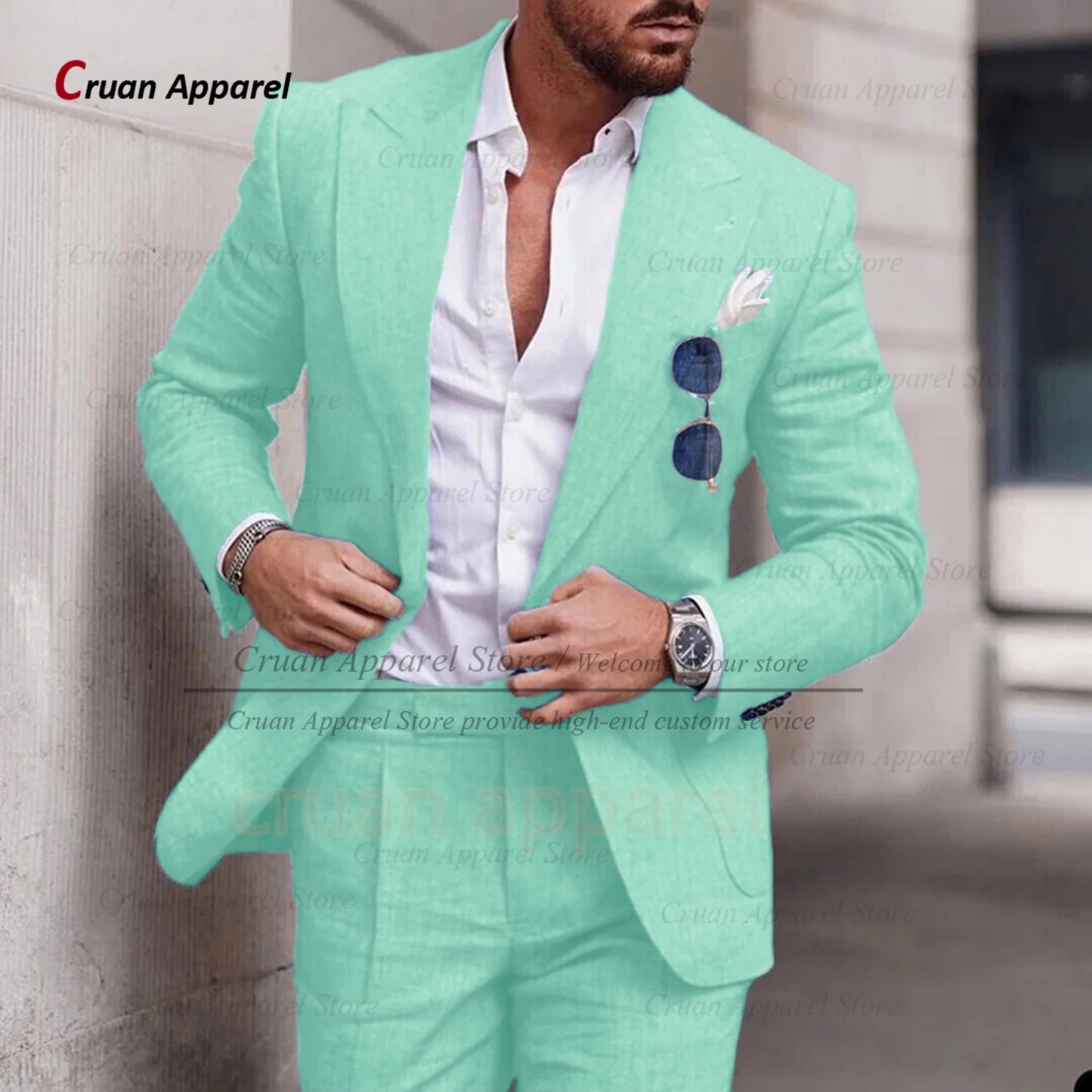 Men's Linen Suit Set With Peaked Lapel Blazer Pants