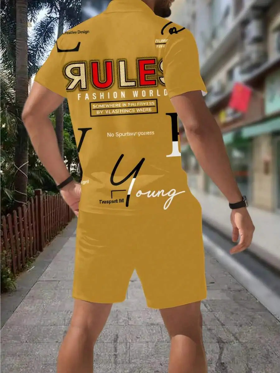 Mens Summer Casual Two Piece Zip Shirt And Shorts Set