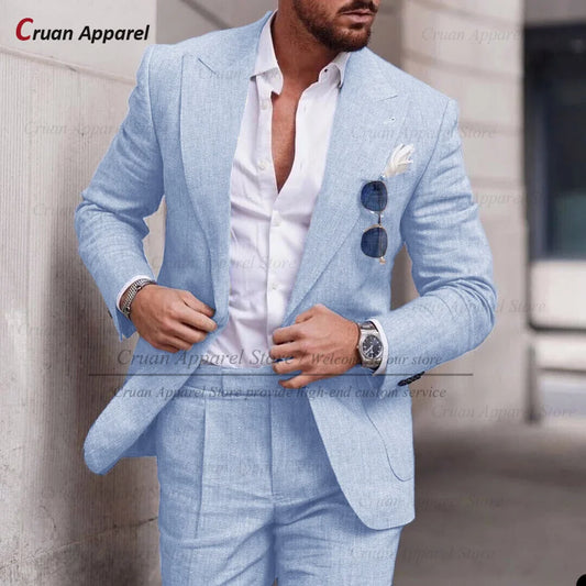 Men's Linen Suit Set With Peaked Lapel Blazer Pants