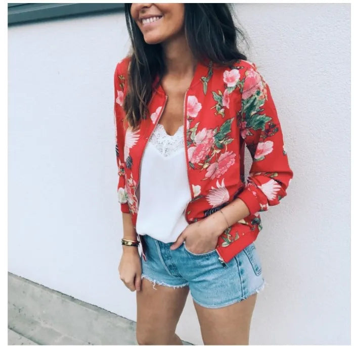 Women's Floral Zipper Bomber Jacket for Elegant Office Wear