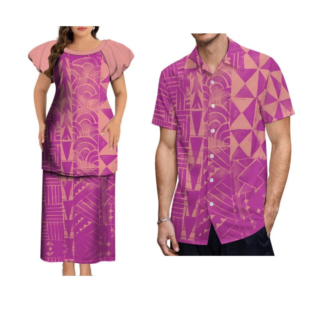 Puletasi Custom Polynesian Floral Print Long Dress Tonga Fiji Samoa Island Couple Suit Men'S Shirt Women'S Long Dress 2025 New