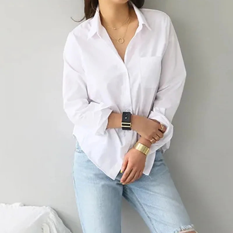 Magesuek Cotton Lapel Long Sleeve Office Blouse For Women