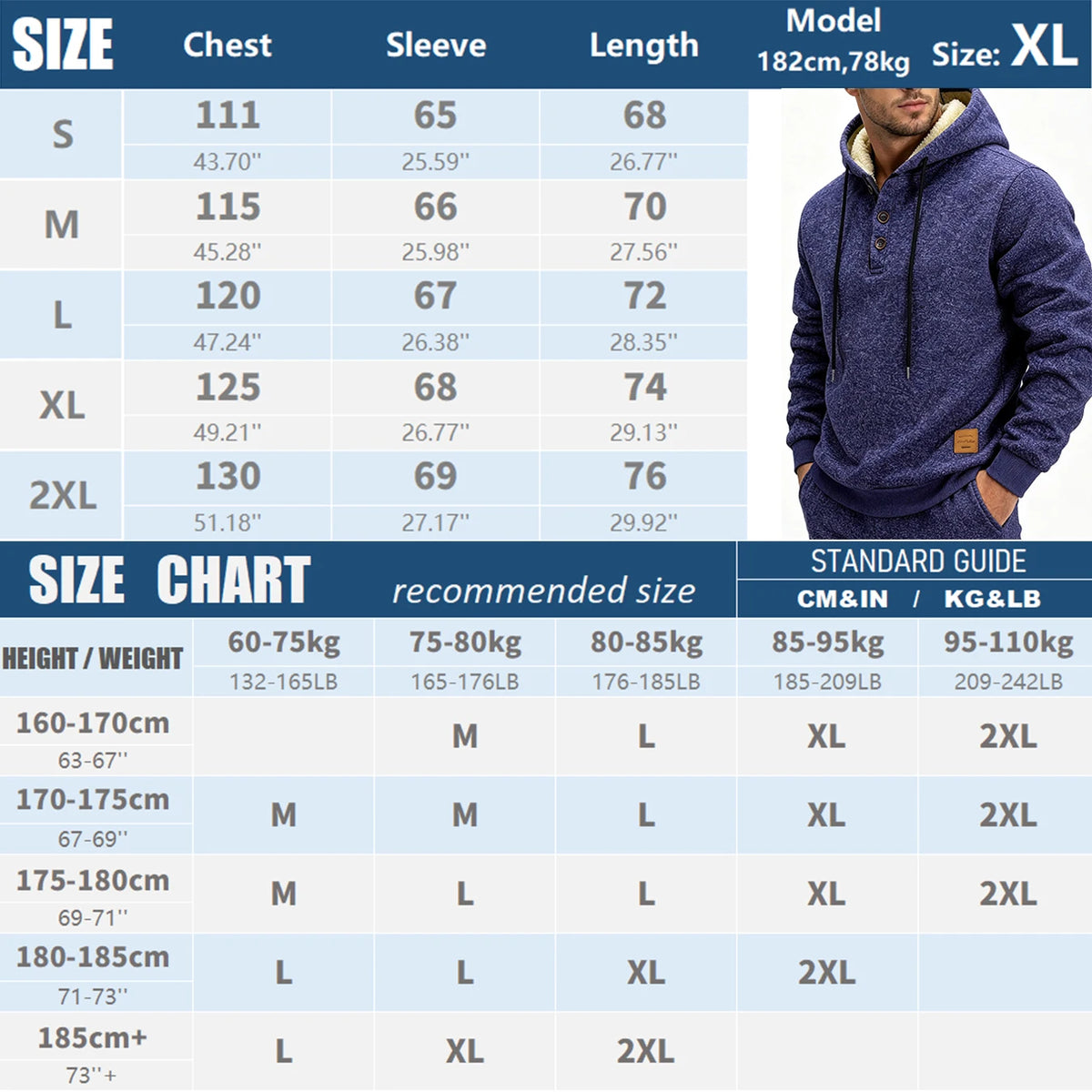 Mens Sherpa Fleece Lined Henley Hoodie Pullover Sweatshirt