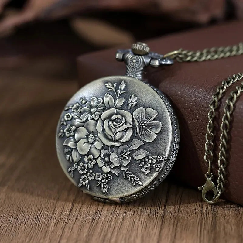 Roman Numerals Quartz Pocket Watch Unisex Hollow Carved Design Necklace Gift