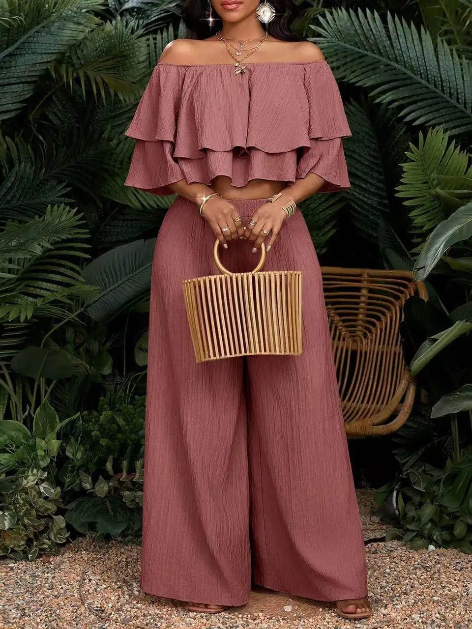 Womens Off Shoulder Ruffle Crop Top Wide Leg Pants Set
