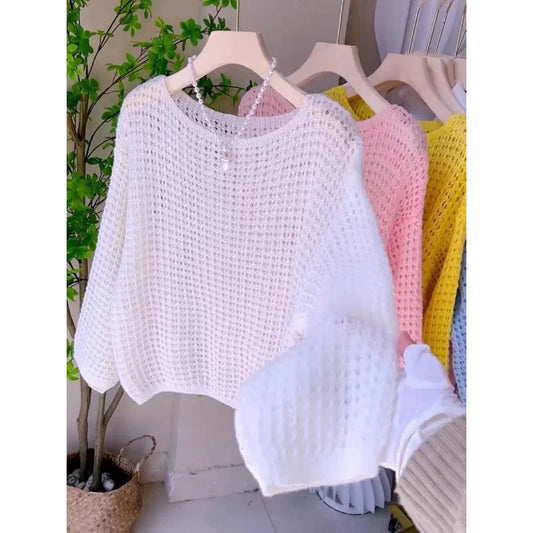 Women Thin Hollow Long Sleeve Knitted Sweater Spring Summer Top