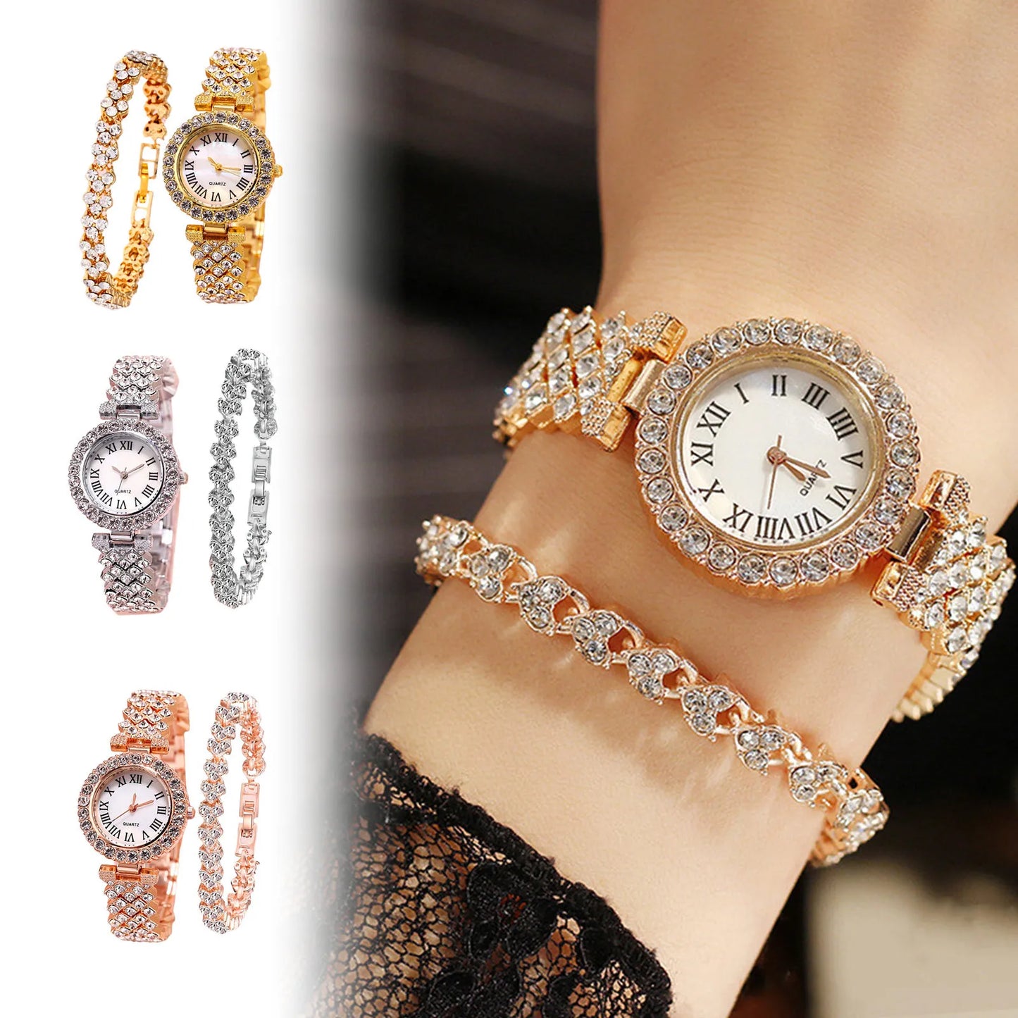 Crystal Diamond Women Watches Set Two Piece Rhinestone Bracelet Gift