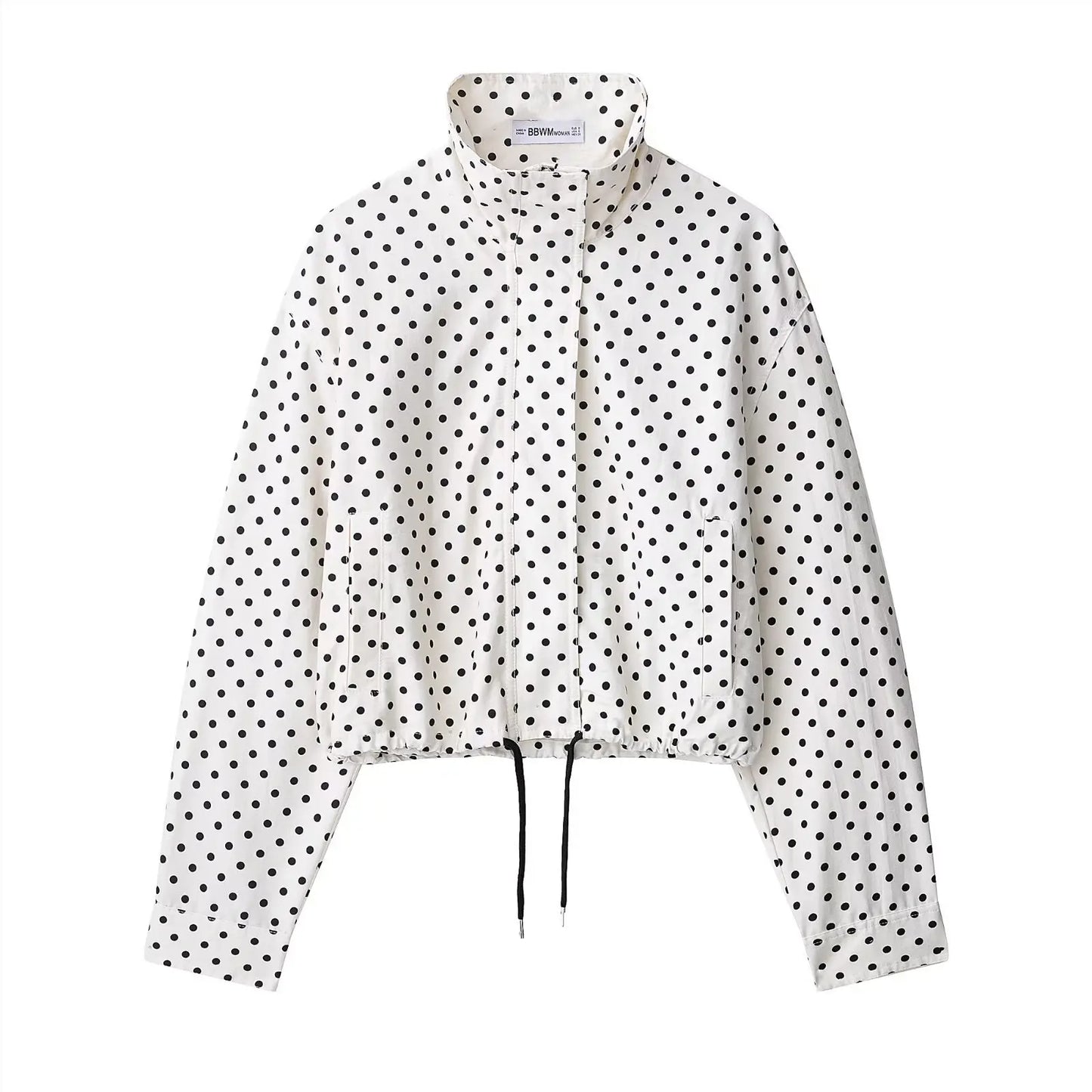Jadoutin Women Spring Jacket Turtleneck Zipper Pockets Drawstring Polka Dot