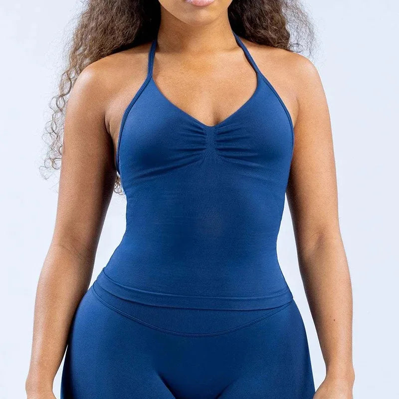 Women Open Back Halter Longline Sports Top Nylon Elastane Workout Yoga