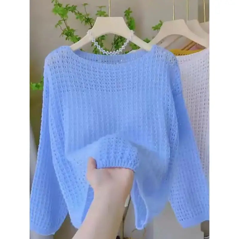 Women Thin Hollow Long Sleeve Knitted Sweater Spring Summer Top