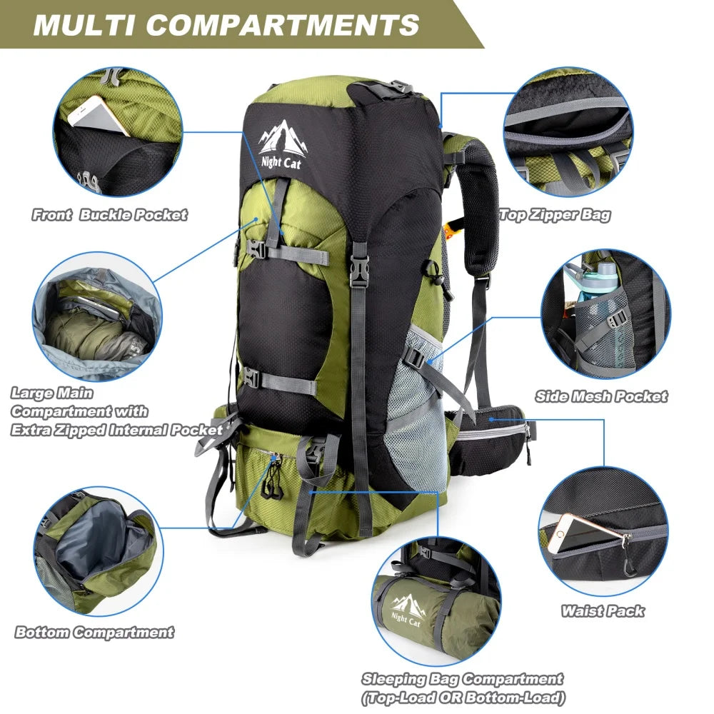 Night Cat Waterproof Hiking Backpack With Rain Cover For Camping